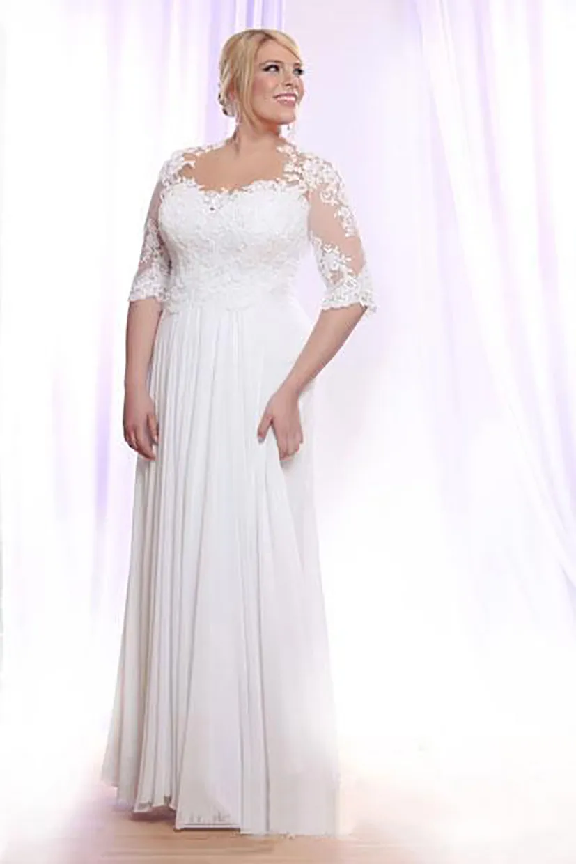 Plus Size Beach Wedding Dresses 2021 Hot Selling New Custom Floor Length Half Sleeve Chiffon Lace Modest Bridal Gowns Vestidos de Novia W601