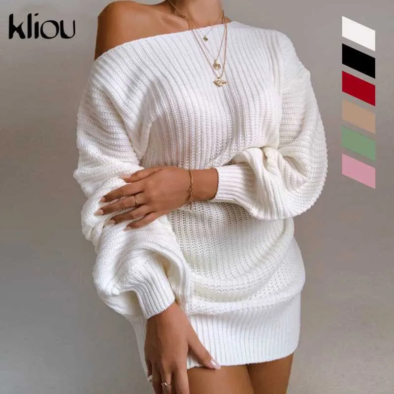 Kliou Knitwear Off Ramię Jesień Swetry Zimowe Streetwear Moda Latarnia Rękaw Solid Solid Basic Pullover Hot Selling X0721