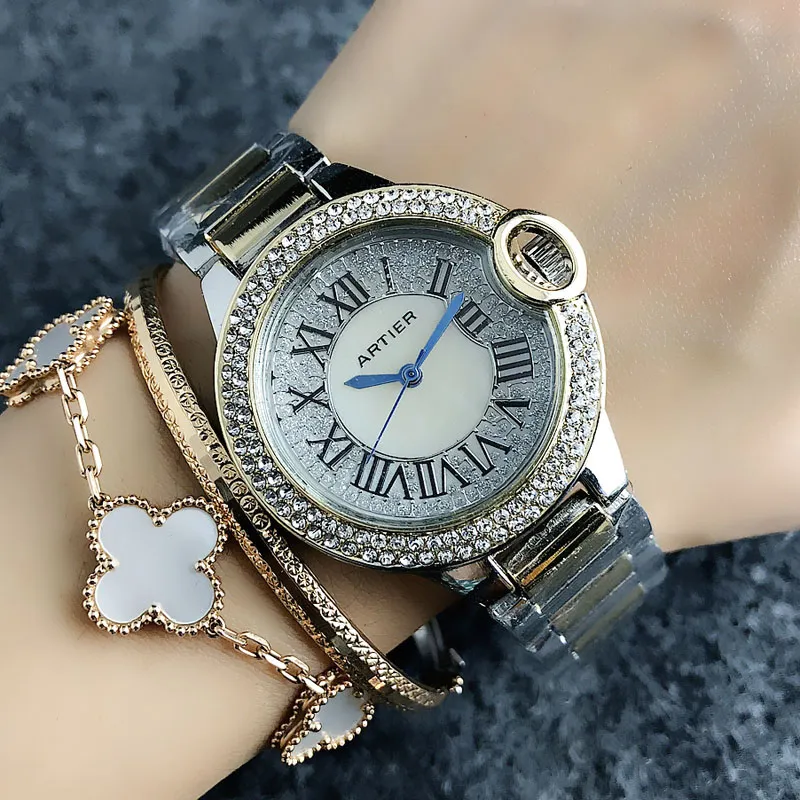 Moda Marca Mulheres Lady Girl Cristal Numerais Dial Dial Band Steel Band Quartz Wrist Watch CA07
