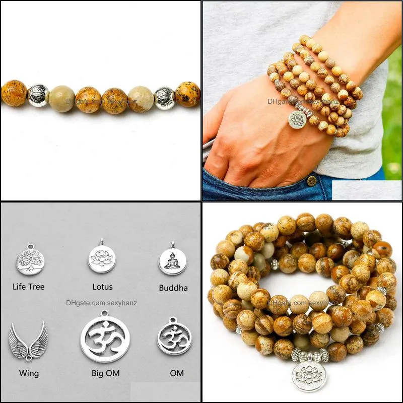 Natural Picture Stone 108 Mala Beads Bracelet Women Yoga Jewelry Buddhist OM Necklace Men Chakra Lotus Charms Beaded, Strands