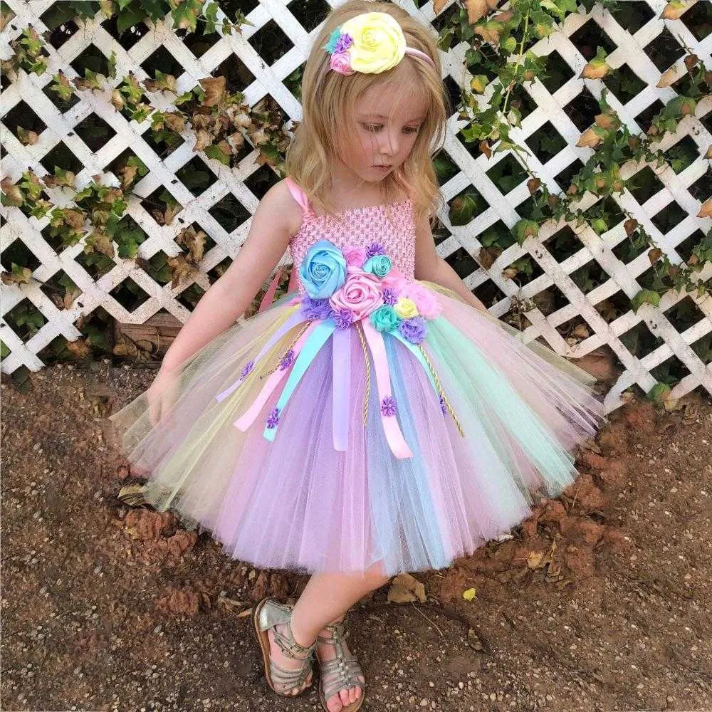 Dziewczyny Kwiat Tutu Dress Kids Crochet Pastel Tulle Sukienka z wstążkami i Hairbow dziećmi Birthday Party Costume Dresses Q0716