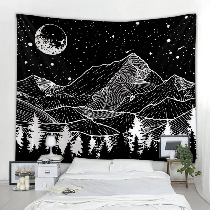 Tapisserier berg under månen som trycker ut stor väggmonterad hippie hängande bohemiska tapestry mandala konstdekoration