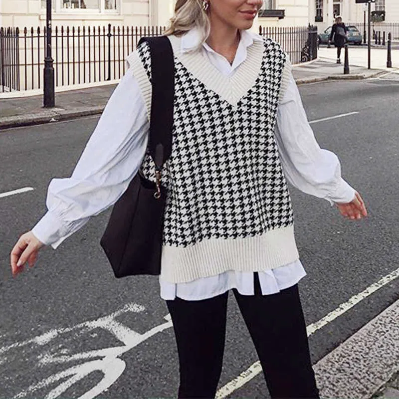 Geometric Houndstooth Knitted Sweater For Women Fashionable Khaki