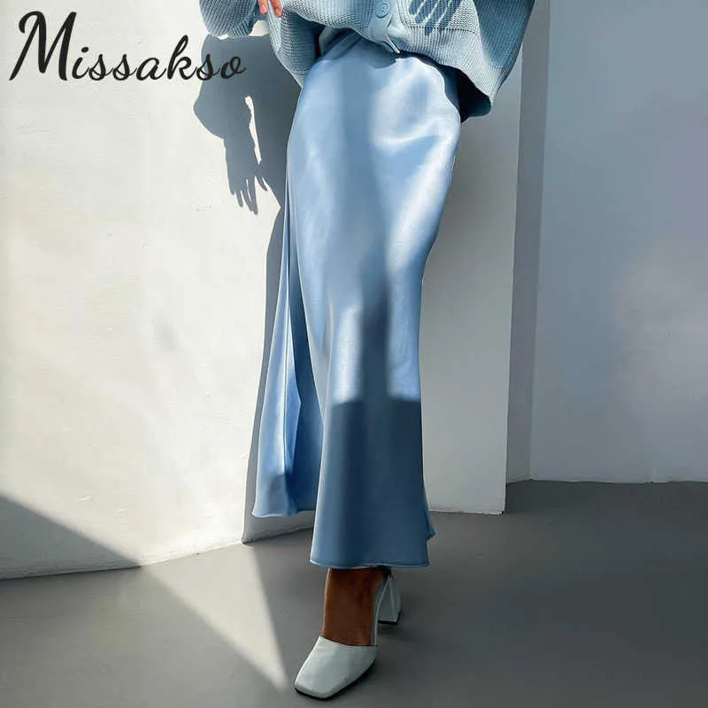 Missakso Silky SatinジッパーMIDIスカートストリートウェアクラブ夏の女性ブルーパープルファッションハイウエストメススカート210625