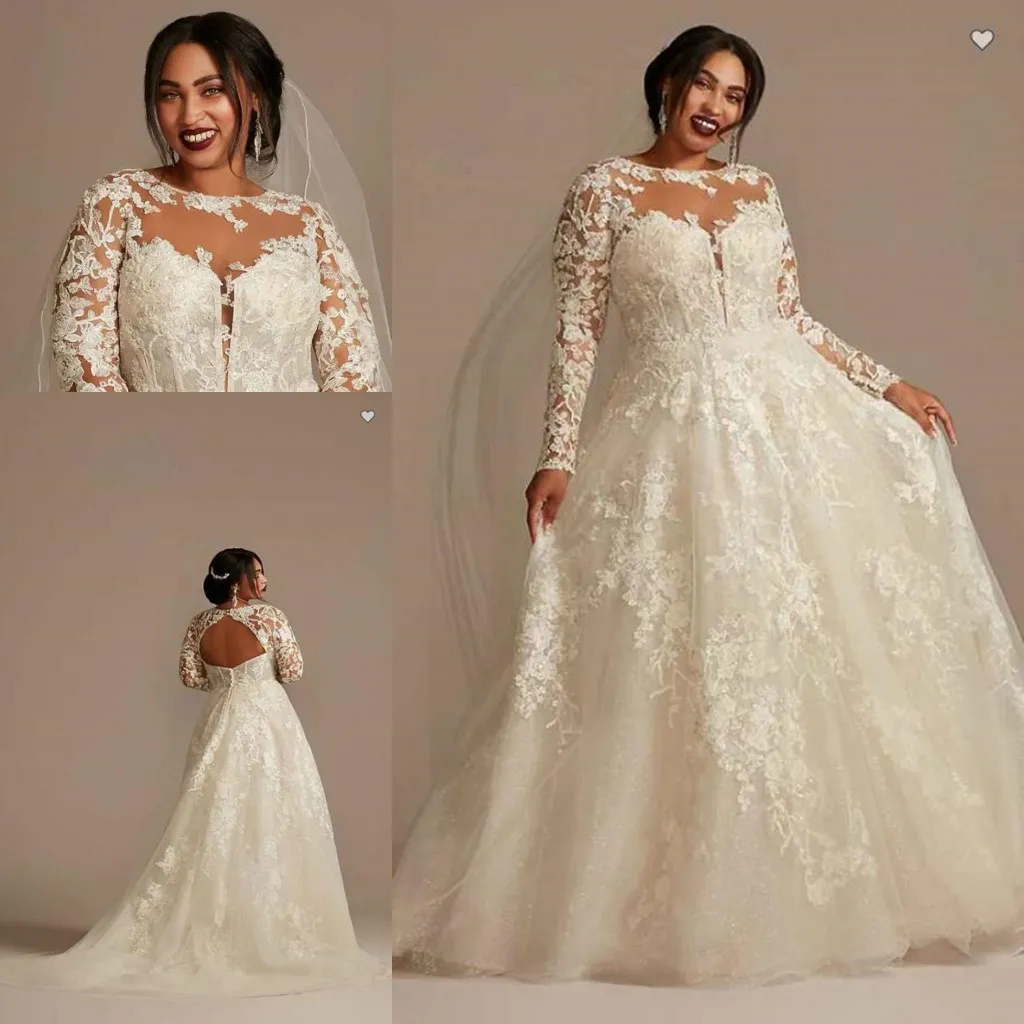 OLEG CASSINI Pizzo Illusion Manica lunga Plus Size Abiti da sposa 2022 Sheer O-Collo Applique Floreale Gonna a sbuffo Principessa Abito da sposa Vestaglie