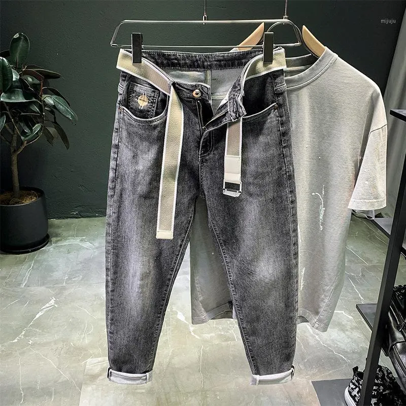 Men's Jeans Light Gray Stretch 2021 Spring And Summer Micro-harem Pants Korean Trend Embroidery Long Pencil