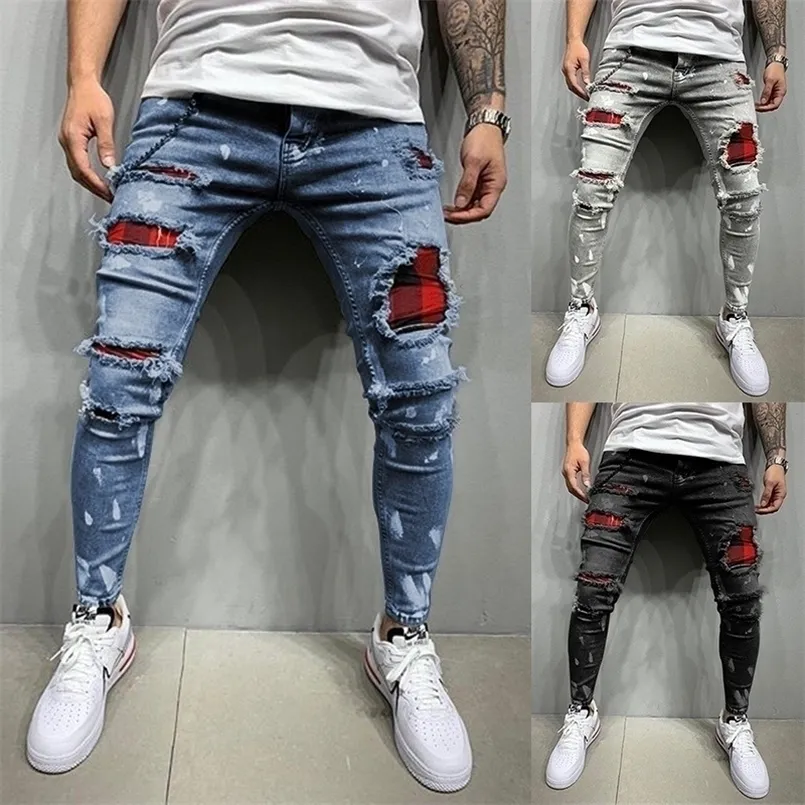 Fashion Men's Hole Slim pants style men's paint Black/Blue/Grey Hiphop quality cotton Jeans 220311