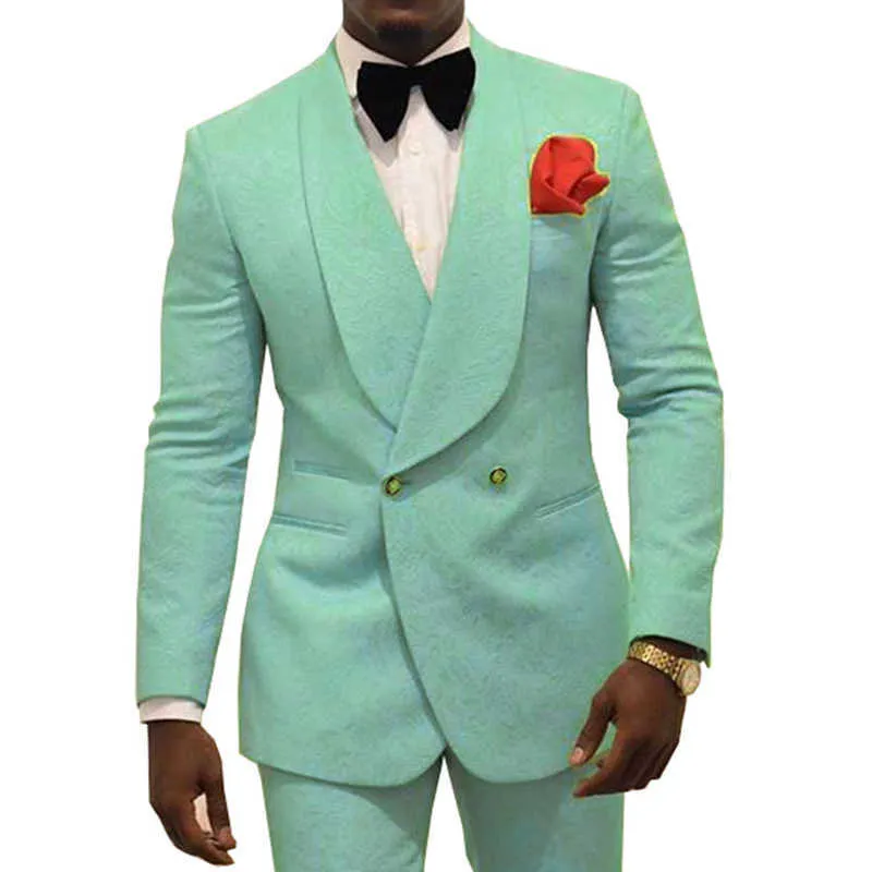 Double Breasted Prom Men Suits 2 piece Mint Green Floral Jacquard Groom Tuxedo for Wedding Custom Slim fit Man Fashon Costume X0909