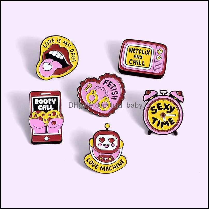 Pins, Brooches Pink Yellow Enamel Pin TV Robot Clock Lips BuHeart Badge Custom Lapel Jeans Shirt Bag Fashion Jewelry Gift