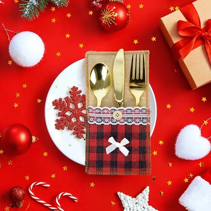 Christmas Fork Knife Cutlery Holder Bag Plaid Linen Pocket Christmas Decor Tableware Cutlery Holder Set Xma Table Decor LX4389