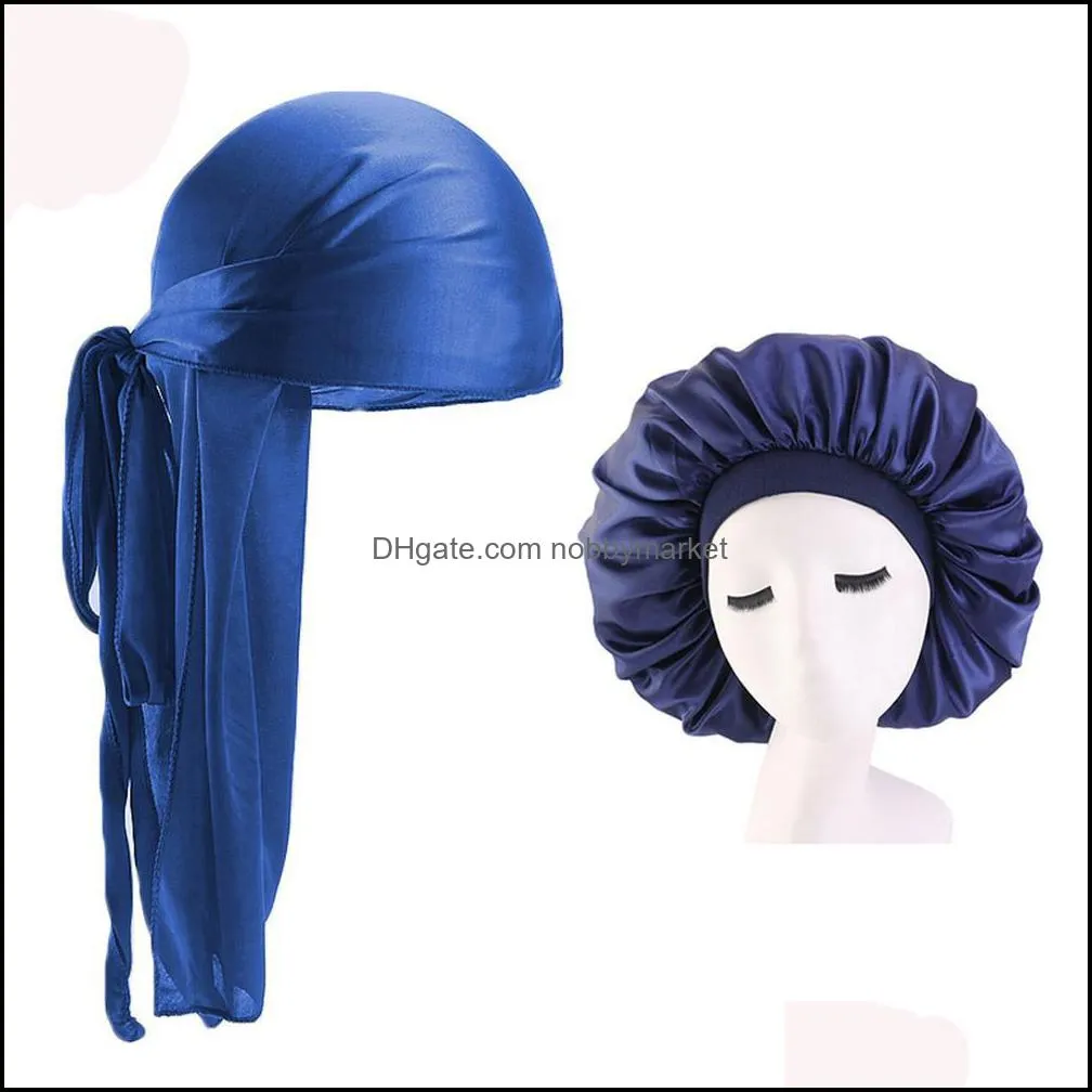 Durags and Bonnets 2 pcs/sets Men Long Tail Silky Durag 42cm Extra Big Bonnet For Couple Comfortable Sleeping Cap