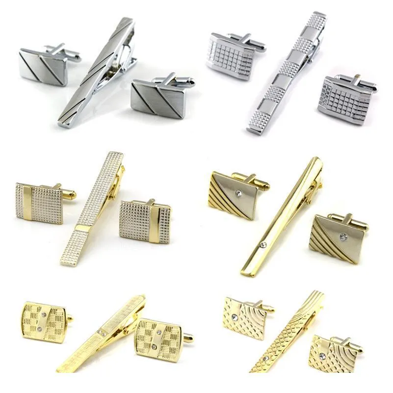 Gouden tie -clip en manchetknoopset voor mannen Classic Meter Tie Clips Cufflinks Sets koperen bar gouden kraagpen Jllnes