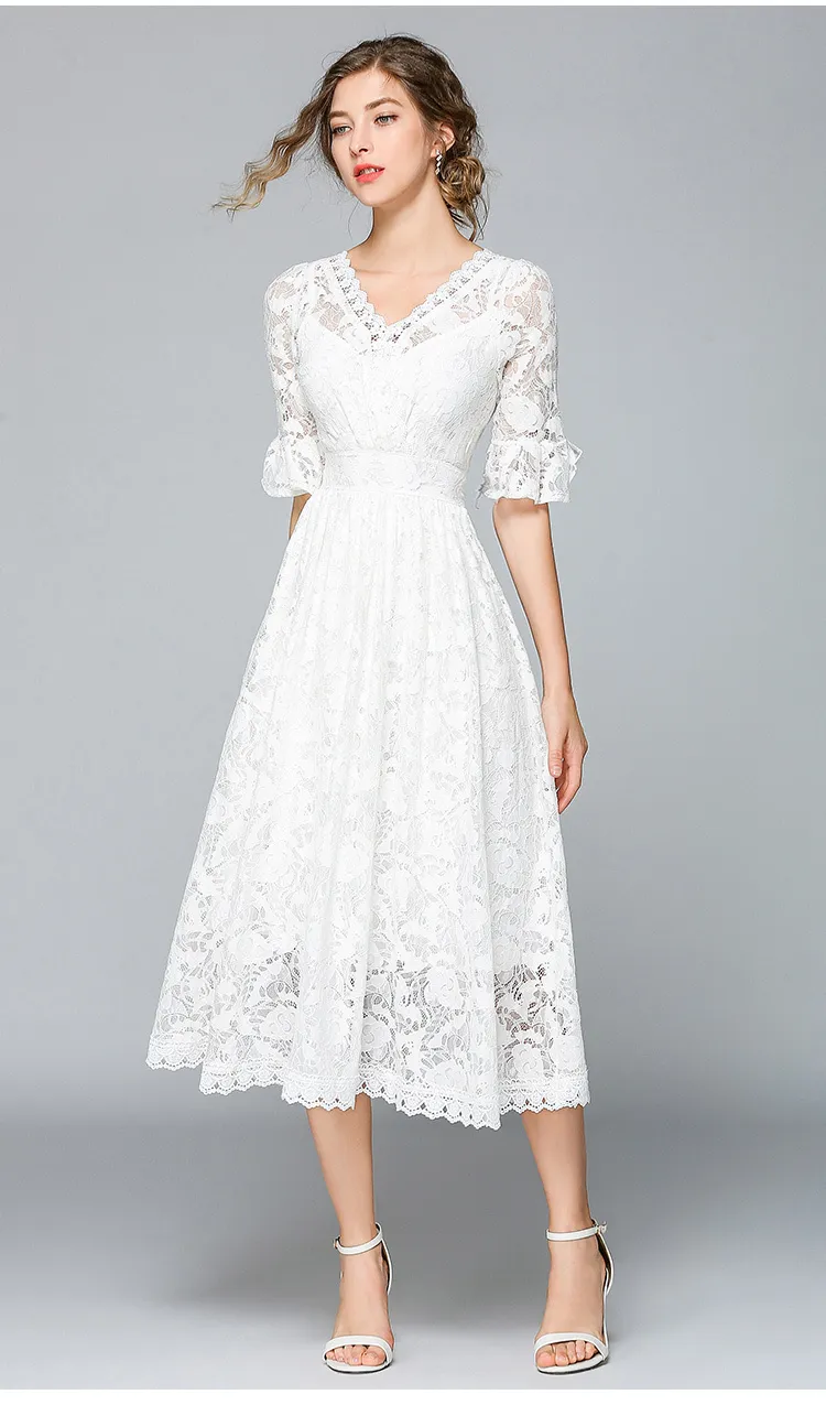 black lace calf length dress Clarissa | Black Lace Short-Sleeve Midi Dress main image 1