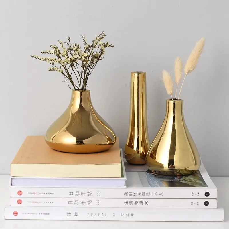 Nordic Home Office Desktop Dekoration Licht Luxus Überzogene Gold Getrocknete Keramik Blume Moderne Mini Vase vazen 210310