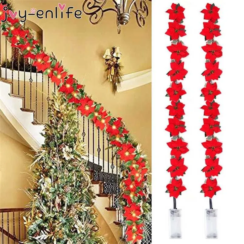 2m 10led julkonstgjorda Poinsettia Blommor Garland String Lights Holly Leaves Xmas Tree Ornament Jul Heminredning 211104