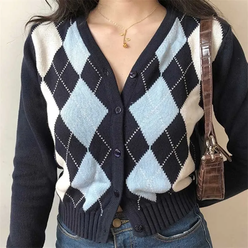 Vintage V-Neck Plaid Long Sleeve Women Sweater Autumn Winter Short Knitted Cardigan Sweaters Womes England Style Tops 211103