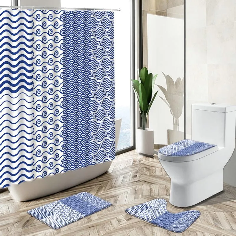 Tende da doccia a righe motivo astratto moderno blu rosa design bagno tappeto antiscivolo copriwater tappetino set lavabile