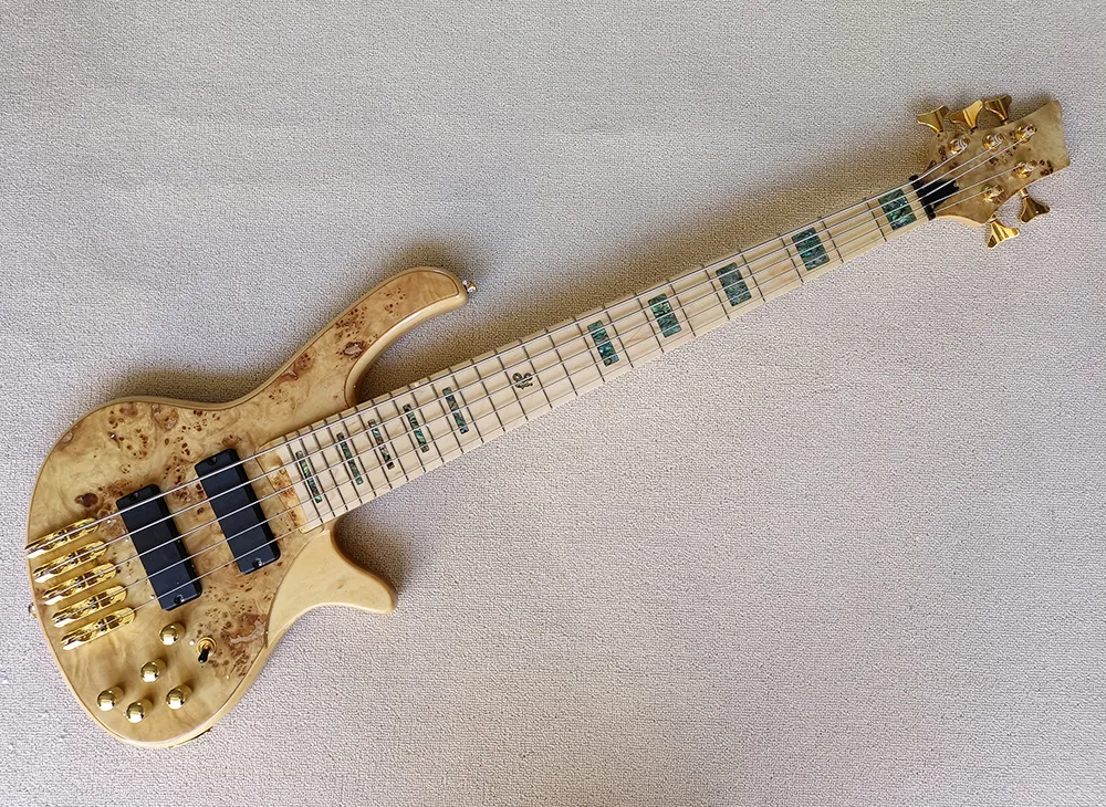 5 Dizeler Elektrik Bas Gitar Burl Akçaağaç Kaplama, Akçaağaç Klavarası, Abalone Kakma, Altın Donanım, Doğal Ahşap Renk