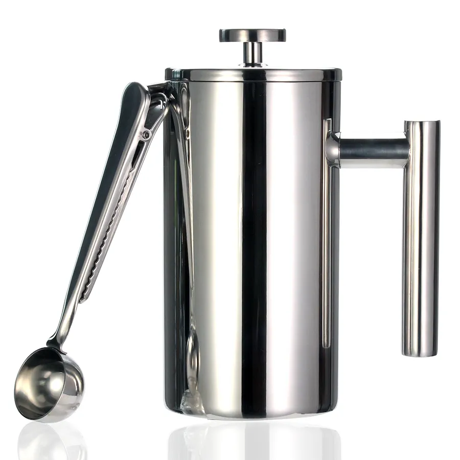 Beste French-Press-Kaffeemaschine – doppelwandiger Edelstahl 304 – hält gebrühten Kaffee oder Tee heiß – Größe 3 mit Verschlussclip/Löffel 210309