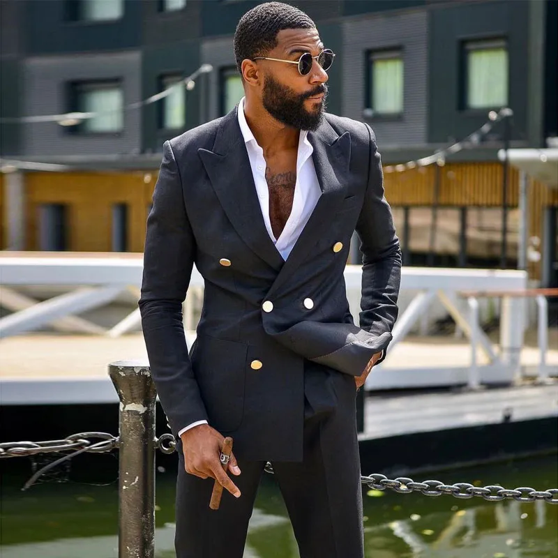 Black Peaked Lapel Tuxedo Suit For Men Classy Double Breasted Navy