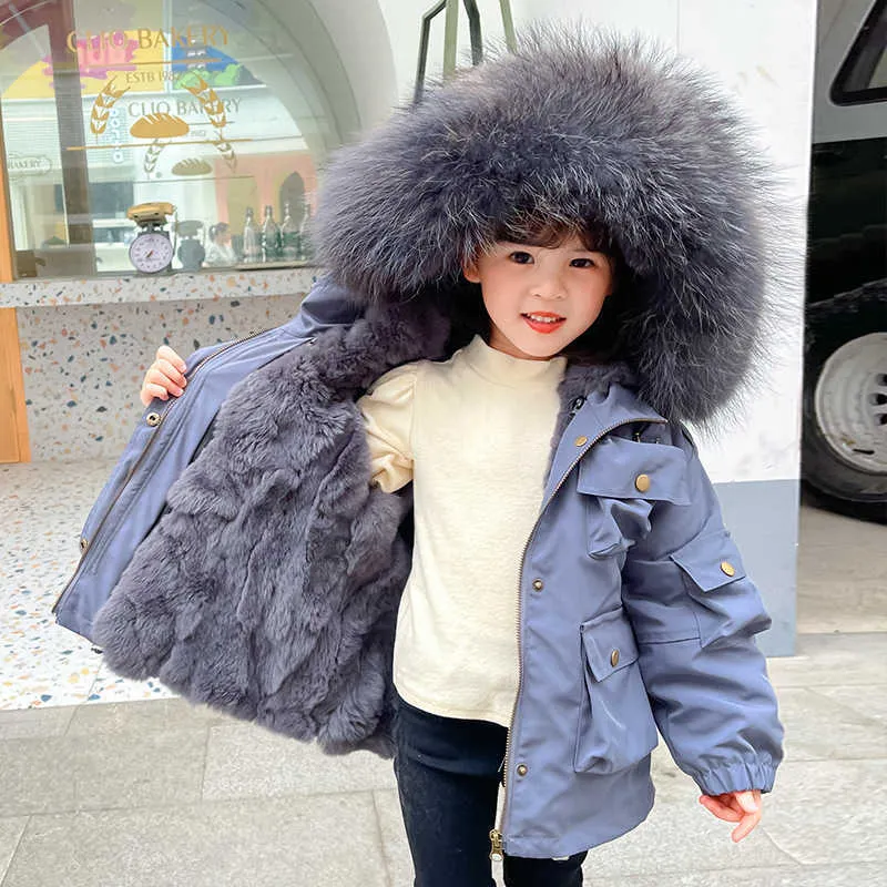 Children's Parkas Płaszcz Dla Baby Girls Boy Rabbit Fur Kurtka Zimowa Wyściełana Real Raccoon Fur Collar Odzież DZIECI TZ996 H0909