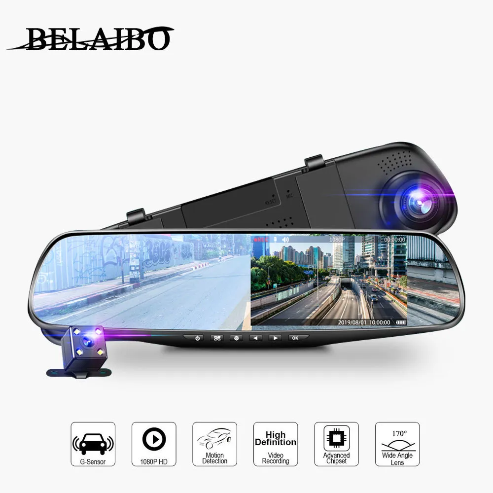 4.3In DVRS Video Recorder Dash Full HD 1080P Mirror Auto DVR Camera Loop Recording Motion Tracking