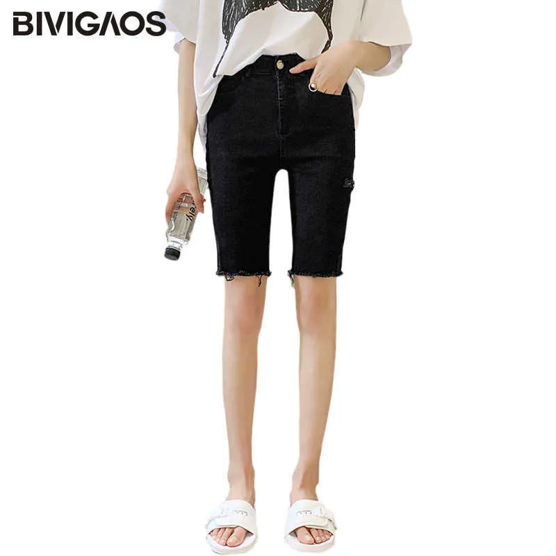 Bivigaos女性の夏の黒い伸縮ジーンズショートパンツカジュアルバイカーショートパンツスリム薄いスキニーリッピングニーショートホールデニムショーツ210611