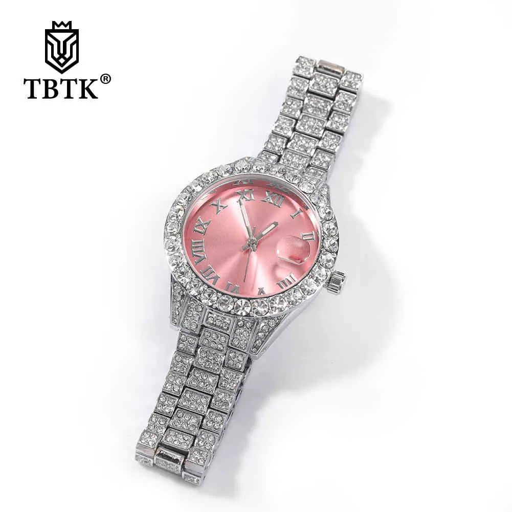 디자이너 럭셔리 브랜드 시계 TBTK 여성 아기 핑크 다이얼 ICED 쿼츠 시계 라인 석 방수 손목 작은 크기