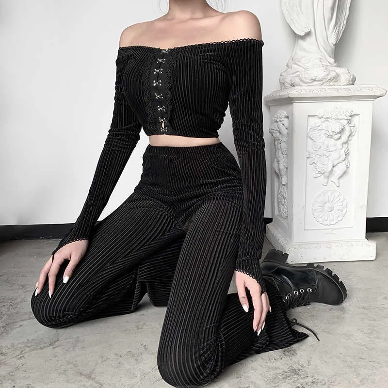 Insgoth lange mouwen Crop Top Women Black Sets Streetwear Gothic Flare Pants Off Shoulder Bodycon Top Y0625
