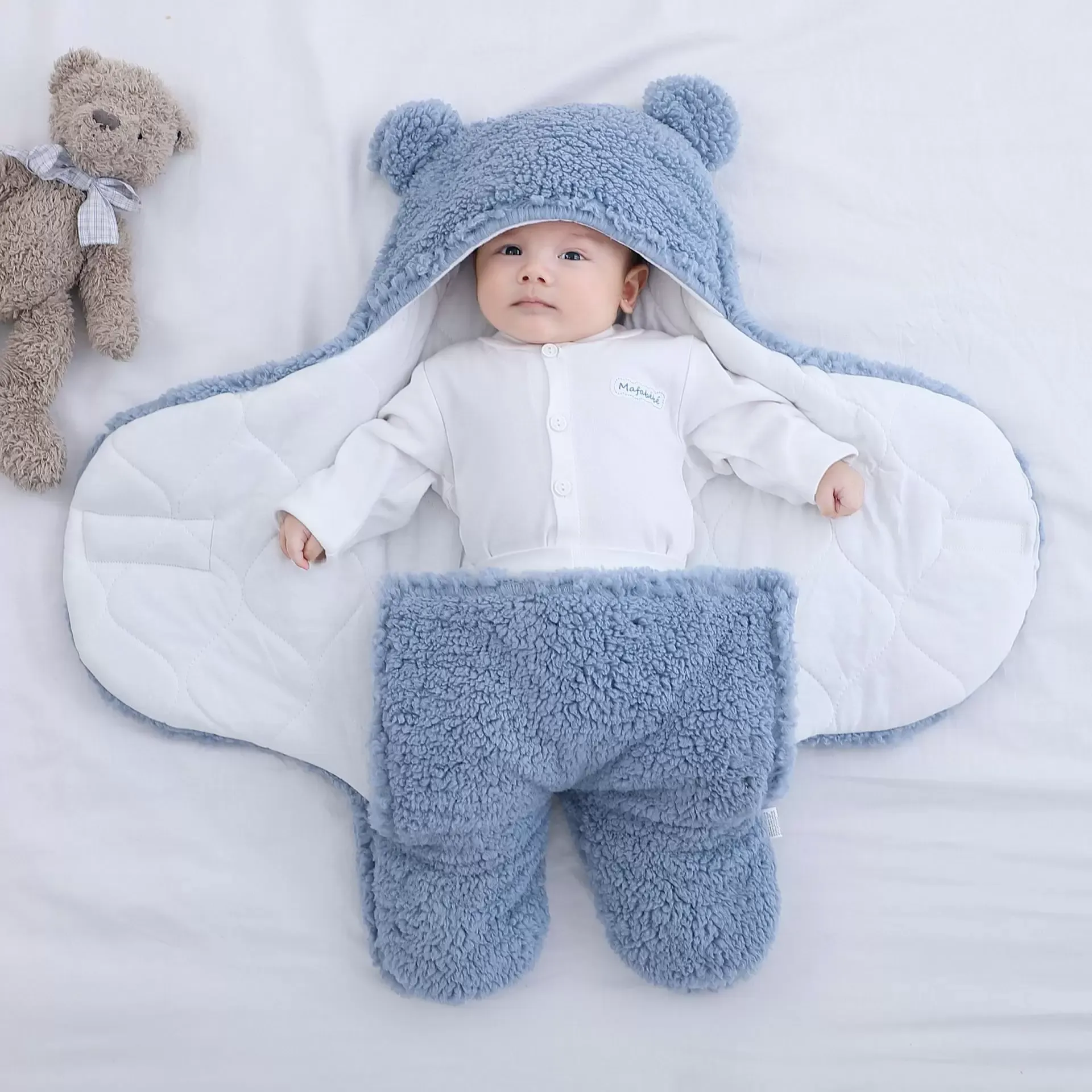 الشتاء الوليد الرضع الطفل سميكة قماط حقيبة الكرتون الدب الأذن مقنعين خروف الصوف كيس النوم المغلف بطانية كيس النوم الدافئ