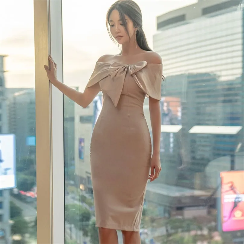 Kapalı Omuz Elbise Kore Bayanlar Seksi Ofis Yay Boyun Iş Bodycon Parti Elbiseler Kadın Giyim için 210602