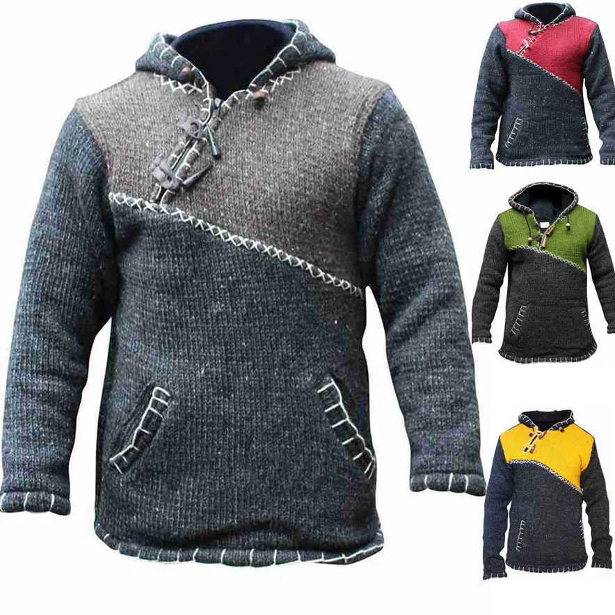 Fashion Grey Stitching Color Men Pullover Sweaters Hoodies Jacket Green Knitted Sweaters Autumn Streetwear Oversize Coat Tops Y0907