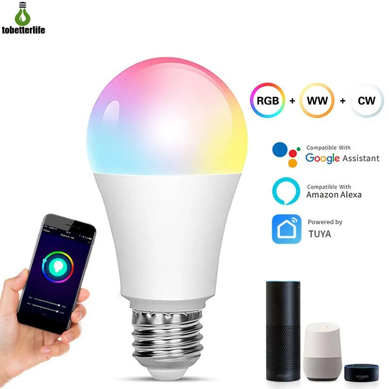 Smart Light RGB -glödlampa 15W Färgbyte WiFi -lampor E27 Dimble Compatible Smart Life App Google Home Alexa