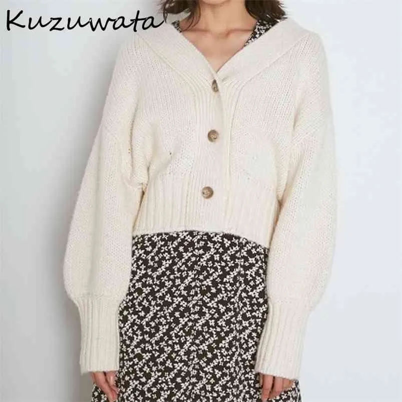 Kuzuwataシンプルな甘い緩い女性カーディガン春vネックシングルブレストニットコートカジュアルソリッドデザインセーター210812