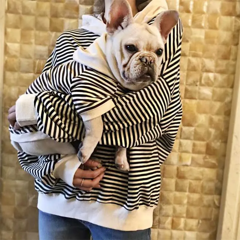 Genitore-bambino Strisce di cotone Bulldog francese Felpa con cappuccio Abbigliamento per cani di piccola taglia Abbigliamento per cani di piccola taglia Costume per chihuahua Abbigliamento per carlino Yorkshir 211106