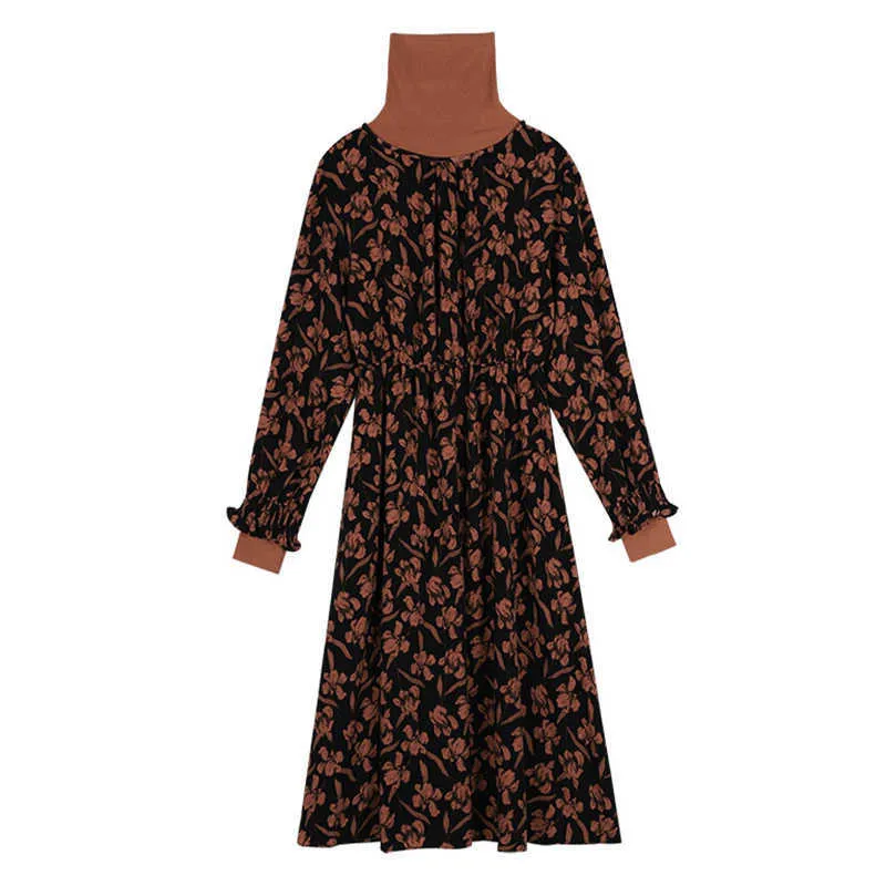 Возможно, у женщин винтажные оранжевые шеи черепахи цветочные печати A-Line платье элегантный D2203 210529