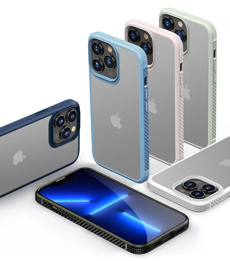 Fundas de teléfono a prueba de golpes duras mate transparentes de primera calidad para iPhone 13 12 Pro Max Mini XR XS X diseño de borde de fibra de carbono