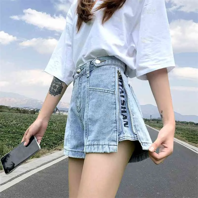 Loose Slim Women Denim Shorts Jeans High-Waisted Summer Zipper Letter Kvinna Elegant Style Wide Leg Korta Byxor 210708