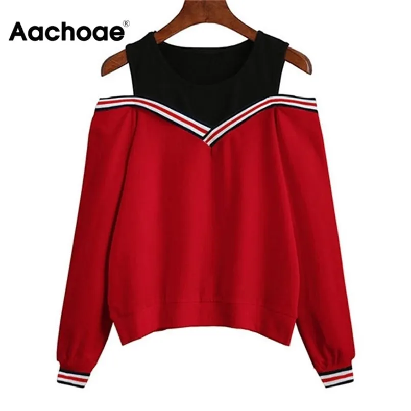 Aachoae Mujeres fuera del hombro Ocio Pullover Sudaderas con capucha Casual Otoño Sudadera de manga larga Jumper Tops Outwear Sudadera Mujer 210809