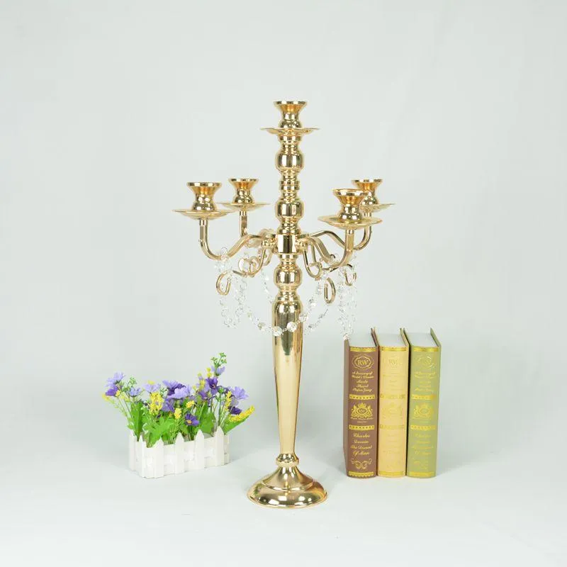 Dekoracja imprezy Wysokie złoto 5 ramię błyszczące metal Candelabra Chandelier Wote Candle Holder Wedding Centerpiece