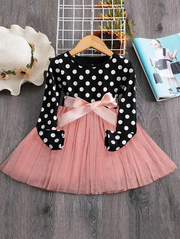 Robe patineuse à pois et empiècement en maille pour toute-petite fille SHE