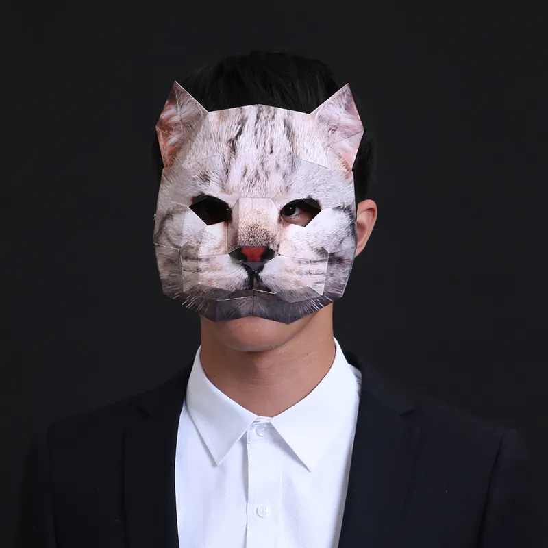 Costume de poupée de mascotte, moule en papier 3D, dessin animé chat, demi-visage, tête d'animal, accessoires d'Halloween, femme et homme, jeu de rôle, déguisement, masques artisanaux DIY