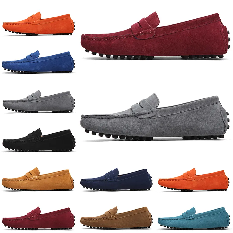 Högkvalitativ Non-Brand Casual Suede Skor Svart Ljus Blå Vin Röd Grå Orange Grön Brun Mens Slip On Lazy Leather Shoe Sneakers