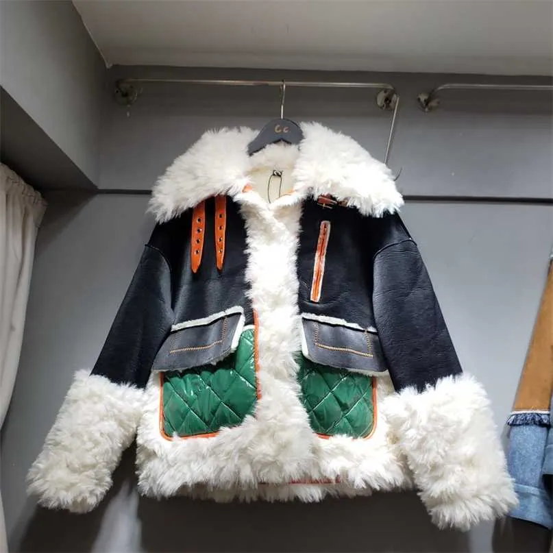 고품질 모피 여성 Stilysh 히트 색상 두꺼운 서리 낀 가죽 자켓 겨울 따뜻한 양 양모 코트 스트리트웨어 기관차 재킷 211220