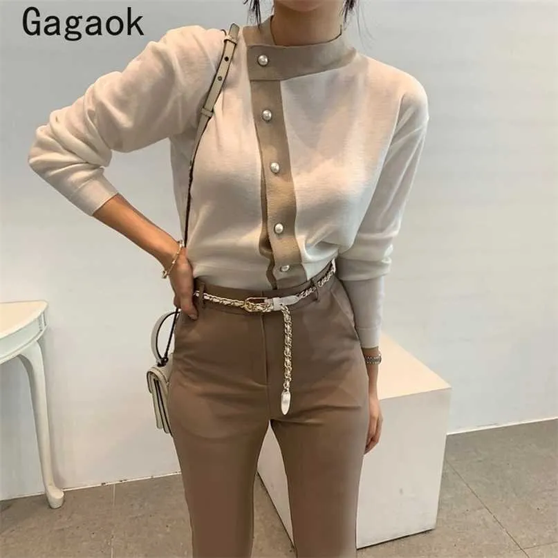 Gagaok Office Lady Korean Retro Sujetadores de punto Primavera Otoño Patchwork O Cuello Slim Chic Simple Simple Pullovers 211011