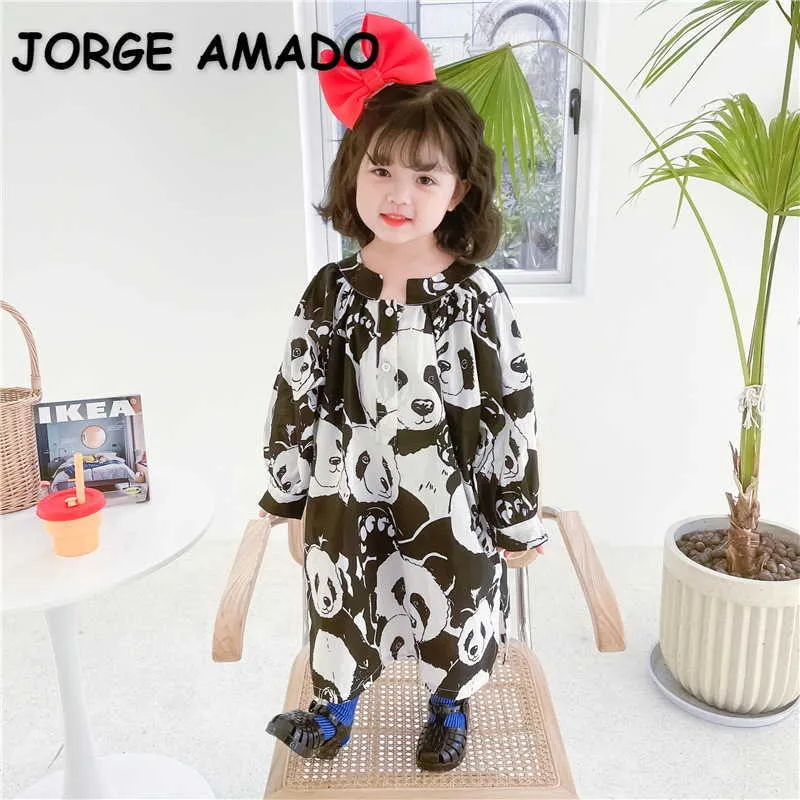 Koreanischen Stil Frühling Mädchen Kleider Cartoon Panda Kleid Lose Kinder Nette Kleidung E1028 210610