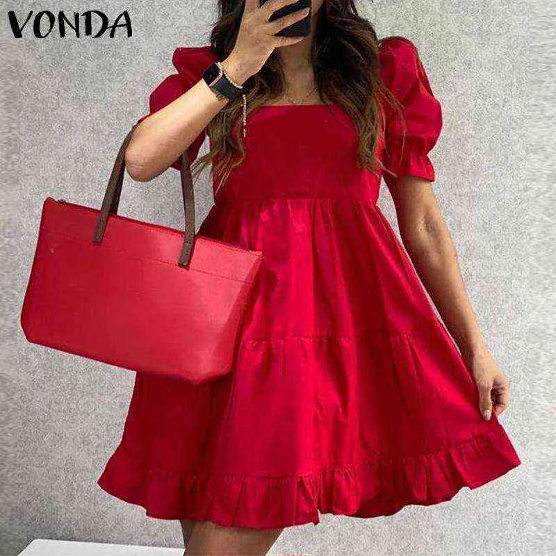 Women Short Sleeve Dress 2021 VONDA Holiday Summer Sundress Party Ruffled Square Collar A-line Mini Dress Vestidos Y220214