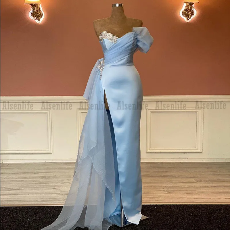 Sexy Mantel Abendkleider High Split Prom Kleider Satin Günstige Aso Ebi Arabisch Formale Party Kleider Plus Größe Abendkleider