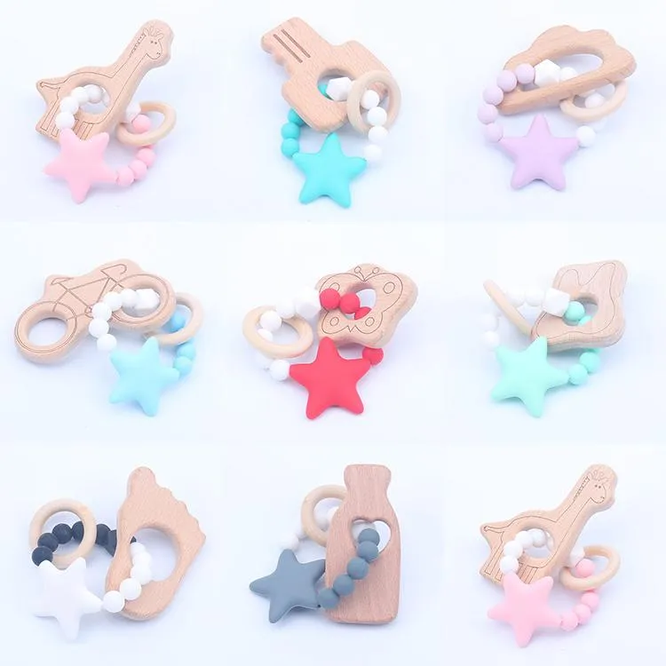 赤ちゃんのテッソーのリングの木の歯が生えるおもちゃのおもちゃのおもちゃシリコーンスター幼児Teether