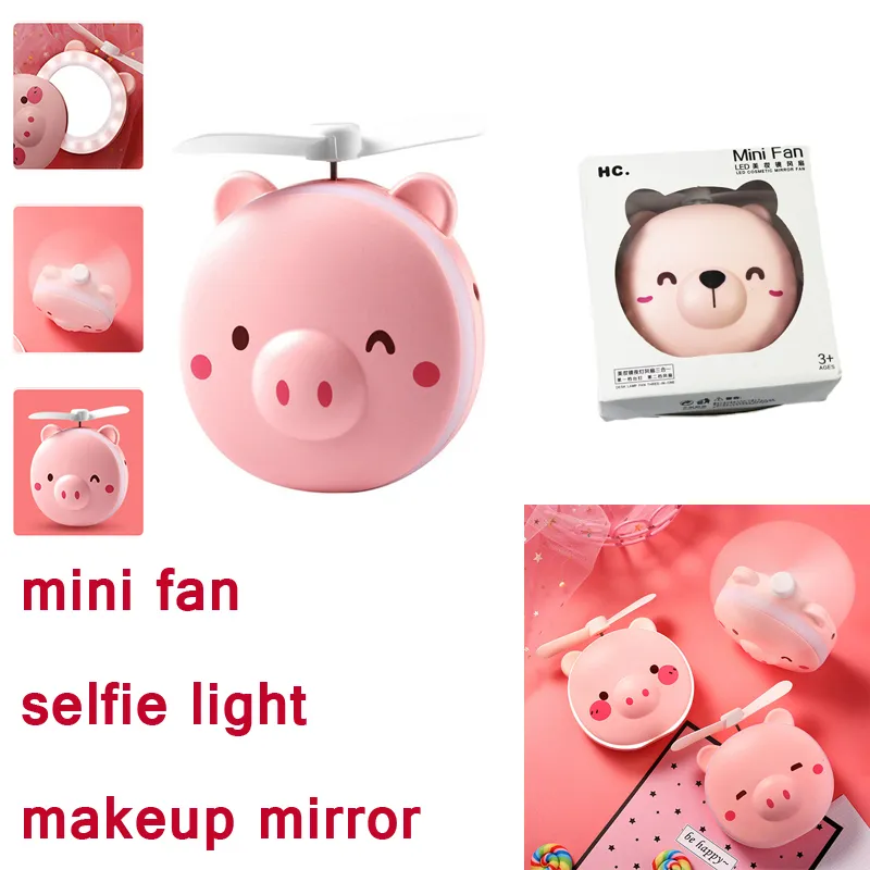3 en 1 Selfie Light USB Rechargeable Portable Mini Beauty Makeup Mirror LED Handheld Cute Pig Cartoon Fan